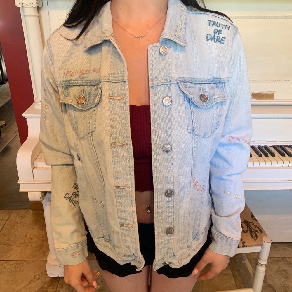 Forever 21 jean jacket with trendy catch phrases